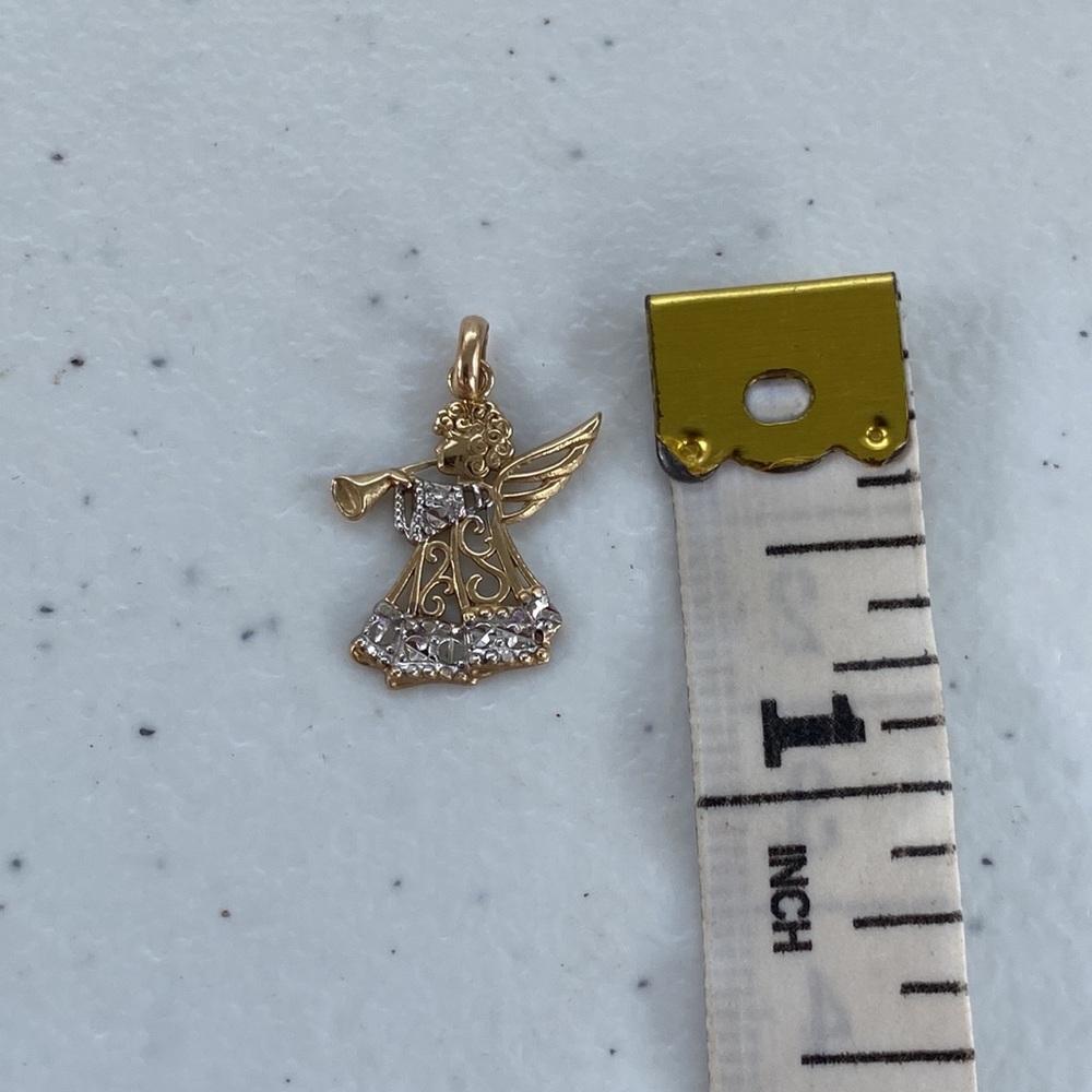 10k Solid Yellow & White Gold Angel Playing the Trumpet Pendant - Picture 7 of 9